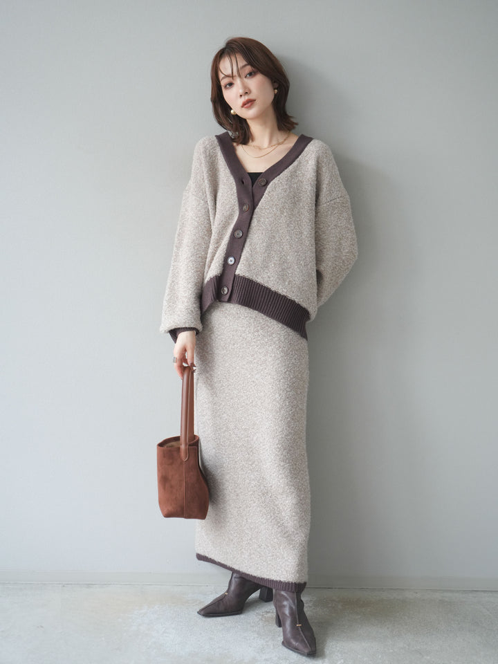 [SET]ブークレバイカラーニットカーディガン+ブークレバイカラータイトニットスカート(2set)