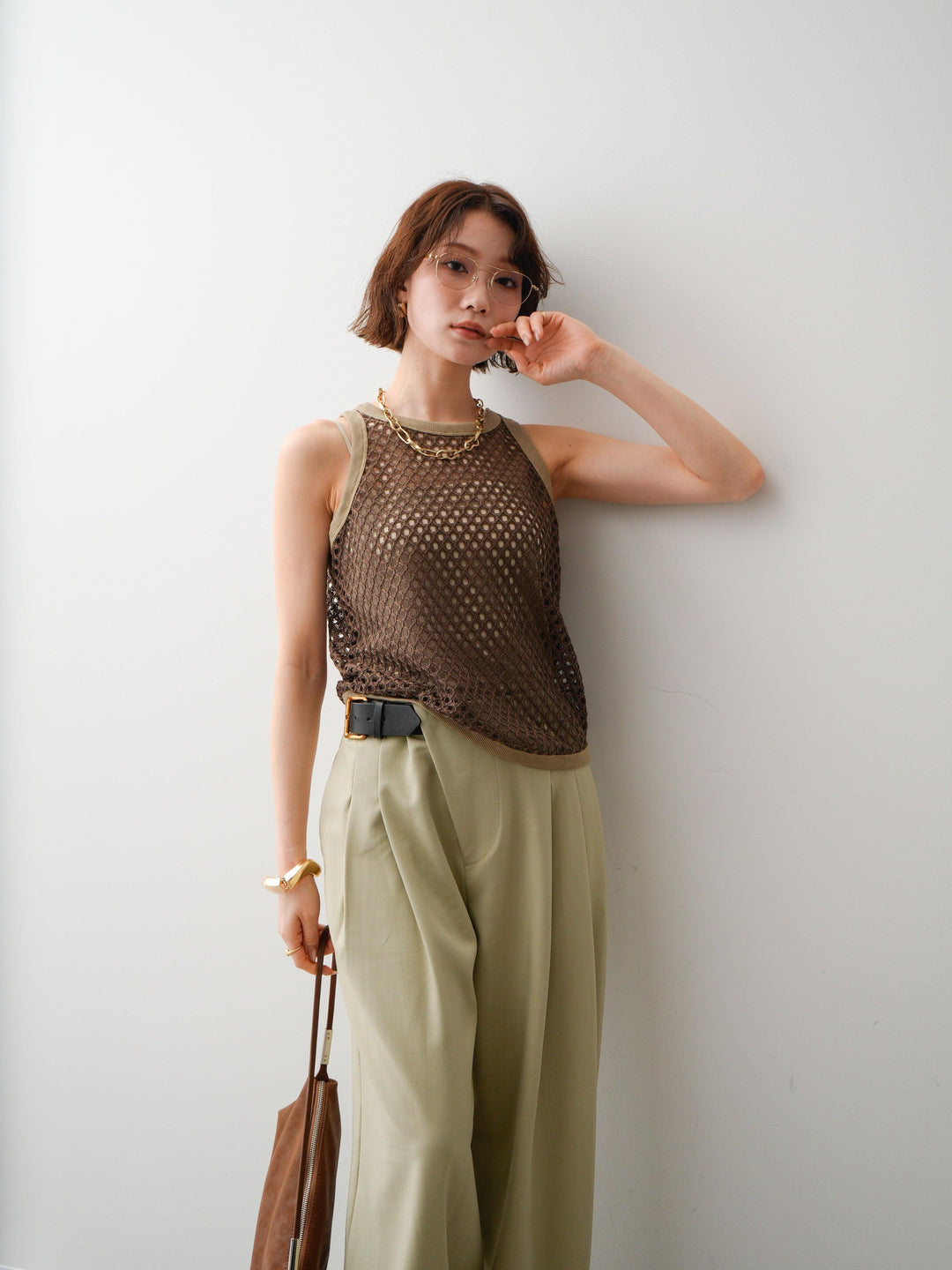 [予約]リブトリムメッシュアメスリトップス/brown