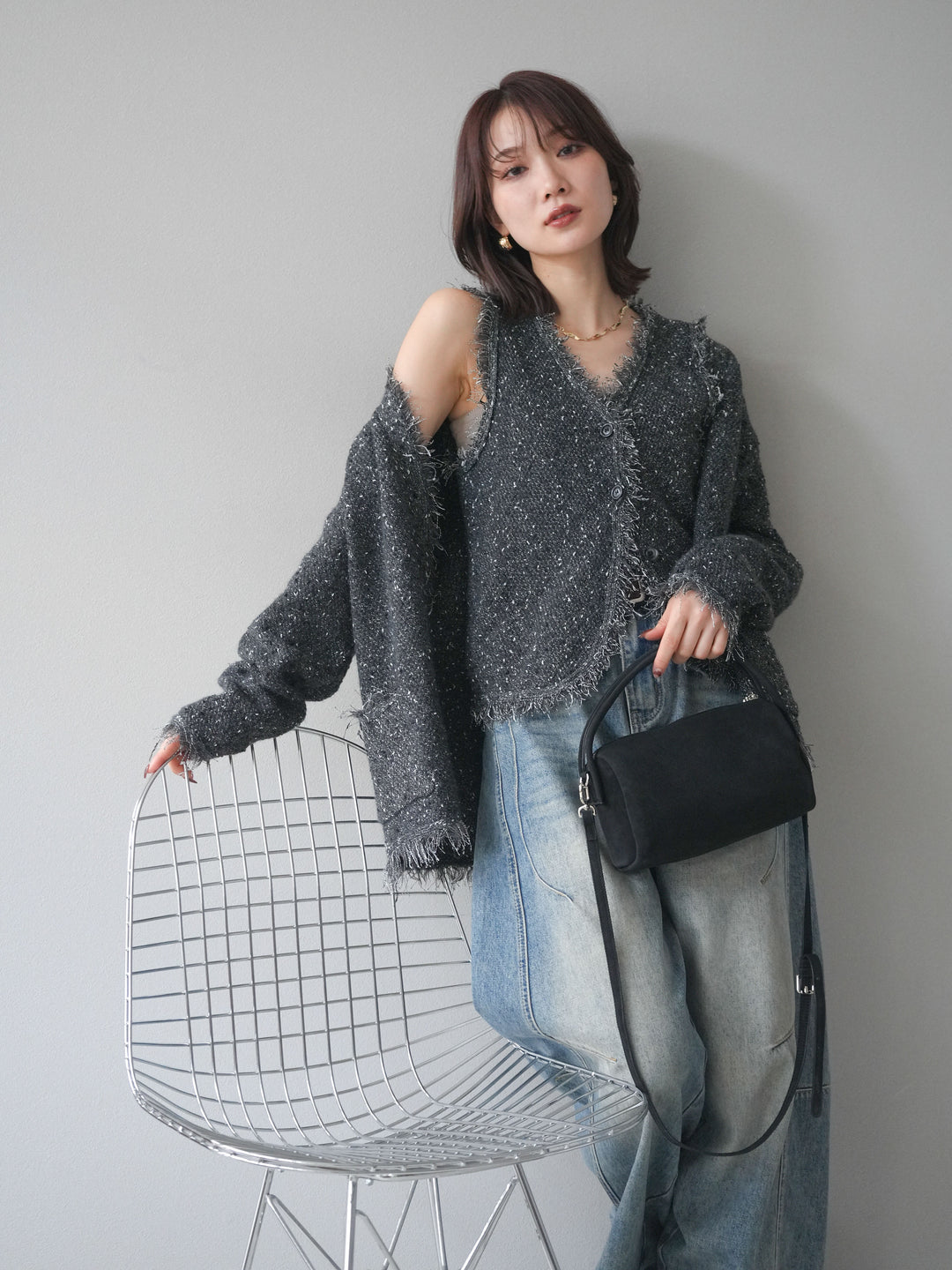 [予約]ネップフリンジニットカーディガン/ gray