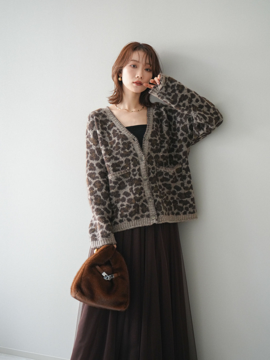 [予約]アニマル柄ステッチニットカーディガン/khaki