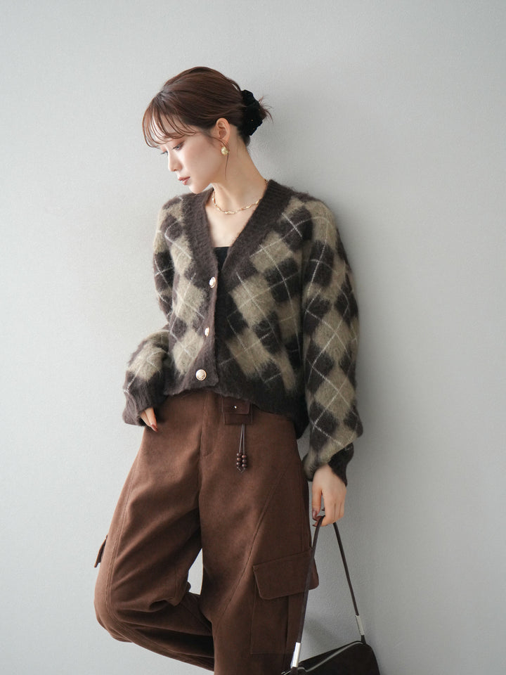 [予約]アーガイルシャギーニットカーディガン/brown