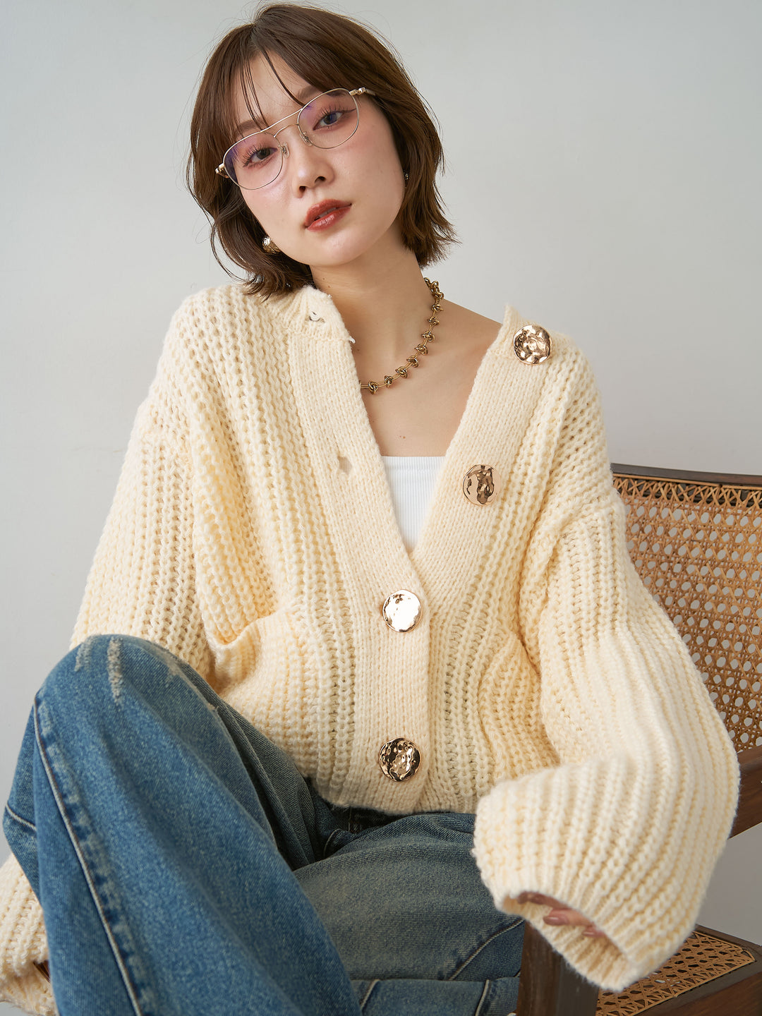 [SET]ビッグゴールドボタンリブニットカーディガン+選べるアクセセット(2set)