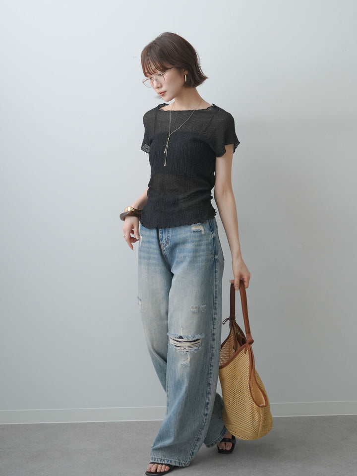 [SET]シャーリングシアーバックオープンフレンチトップス+ダメージデニムセミワイドパンツ(2set)