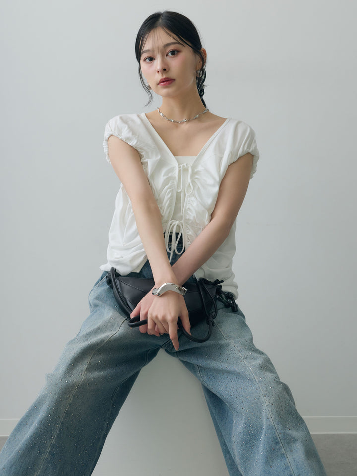 [SET]フレンチスリーブフロントリボンギャザートップス+フロントビジューカーブデニムパンツ(2set)