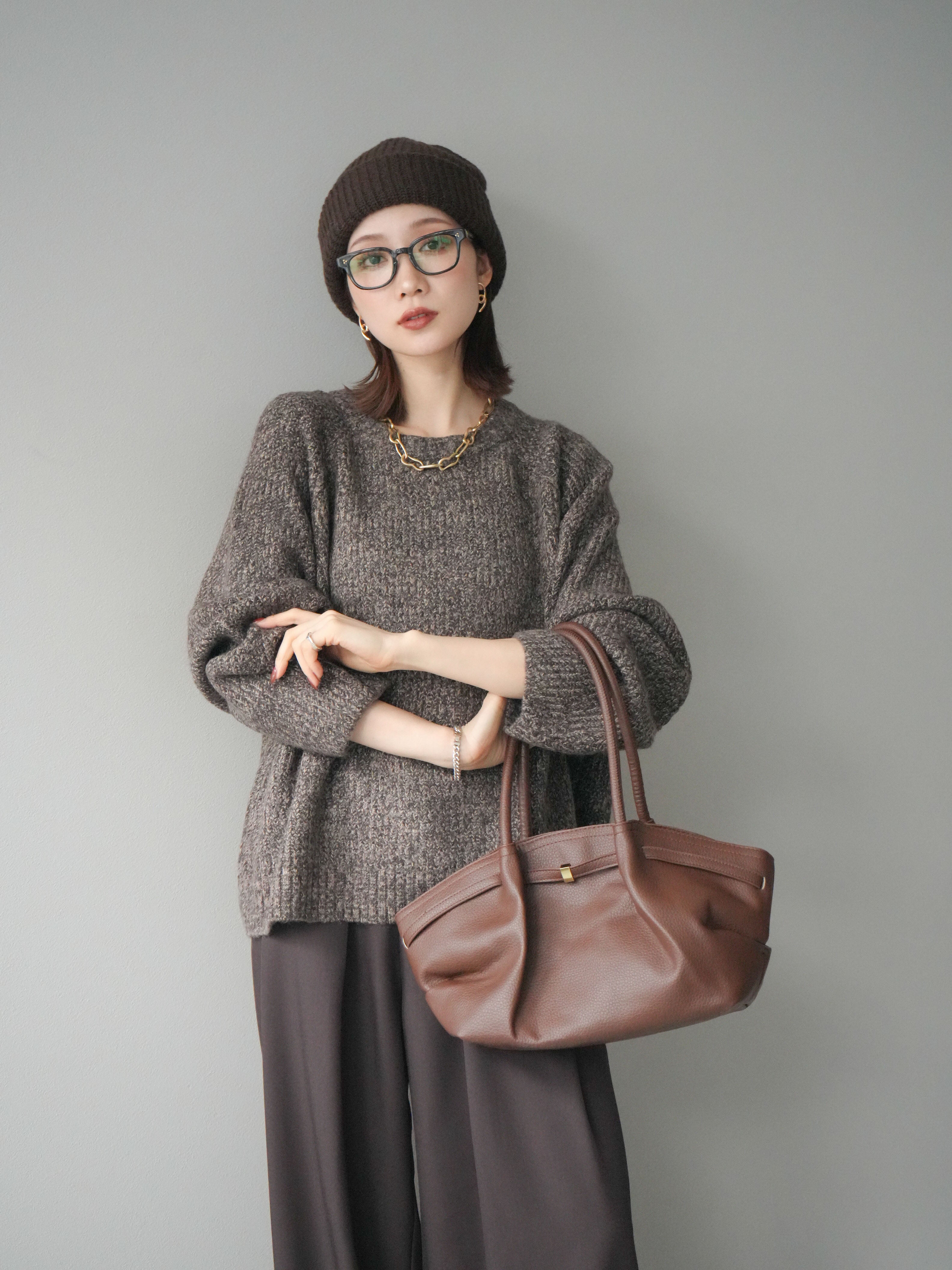 予約]クルーネック畦編みミックスニット/brown – Lumier