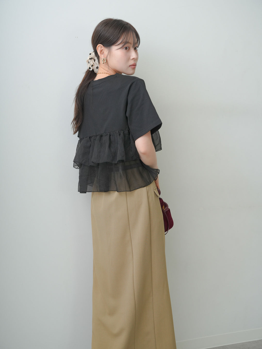 [SET]オーガンジーフリルドッキングTEE+クレープデシンフラップ付きストレートスカート(2set)