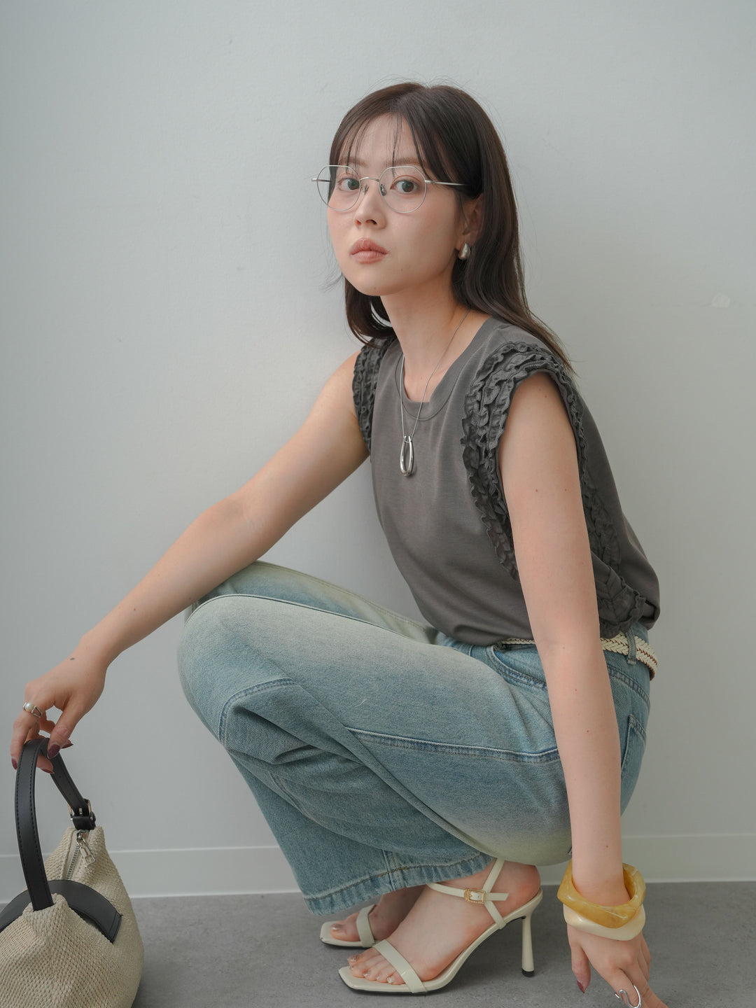 [SET]ホイップフリルフレンチTEE+センターラインワイドストレートデニム(2set)