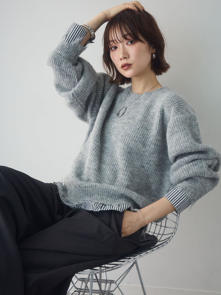 [SET]シャツレイヤードデザインモヘアプルオーバー+ツイルタックワイドパンツ(2set)