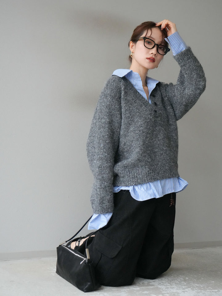 [予約]ストライプシャツドッキングMIXヤーンニットプルオーバー/charcoal