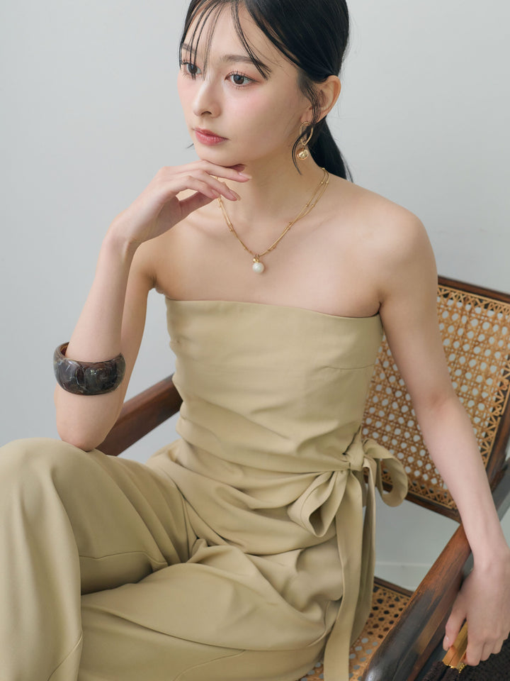[SET]アシメサイドリボンベアトップス＆タックワイドストレートパンツSET UP(2SET)