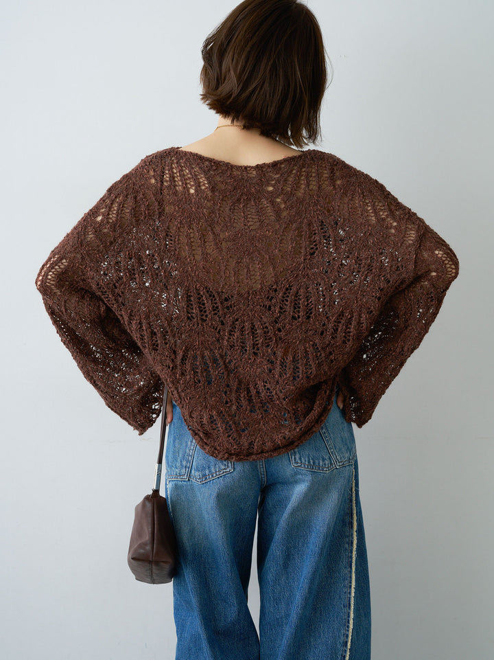[予約]ミックスループ透かし編みニットトップス/brown