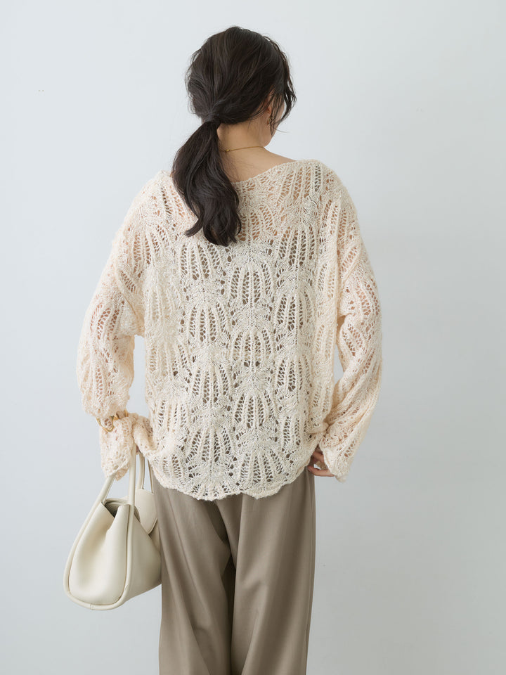 [SET]ミックスループ透かし編みニットトップス+ツイルタックワイドパンツ(2set)