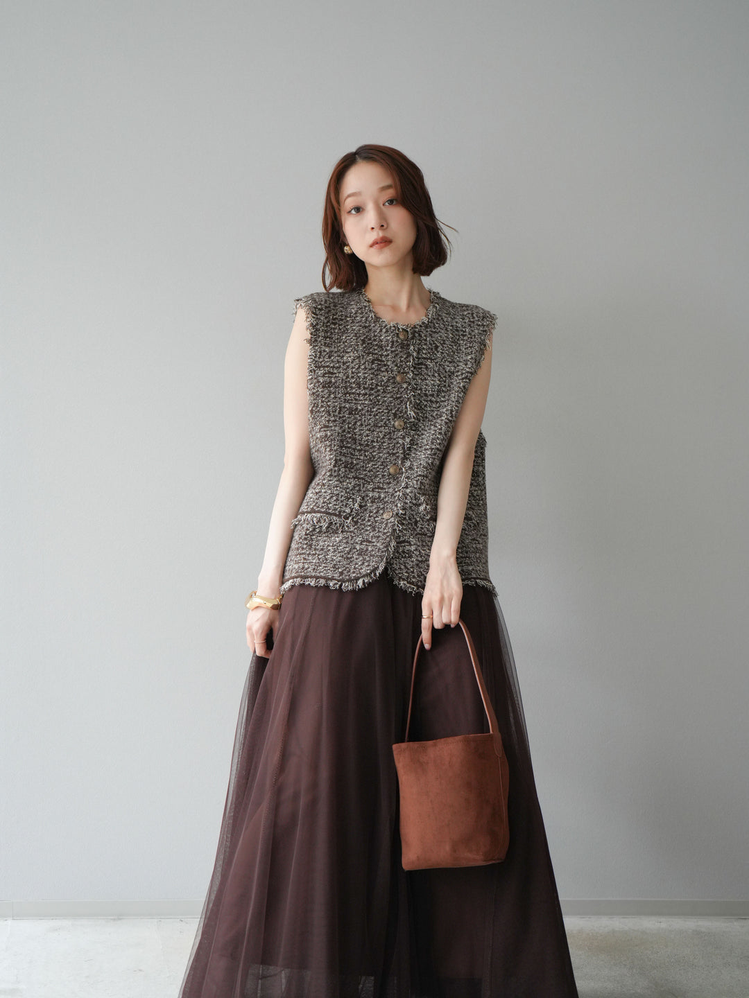 [予約]ミックスツイードフリンジニットベスト/ブラウン