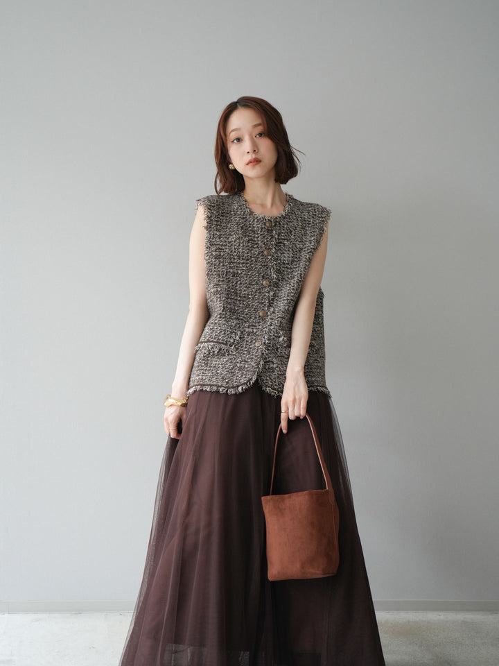 [予約]ミックスツイードフリンジニットベスト/ブラウン
