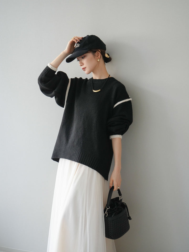 [予約]バイカラーパイピングニットプルオーバー/black