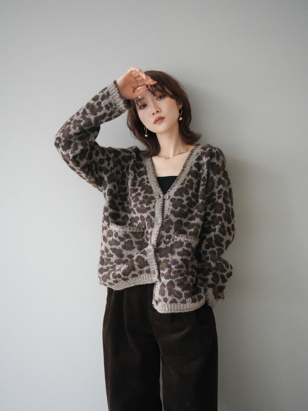 [予約]アニマル柄ステッチニットカーディガン/khaki