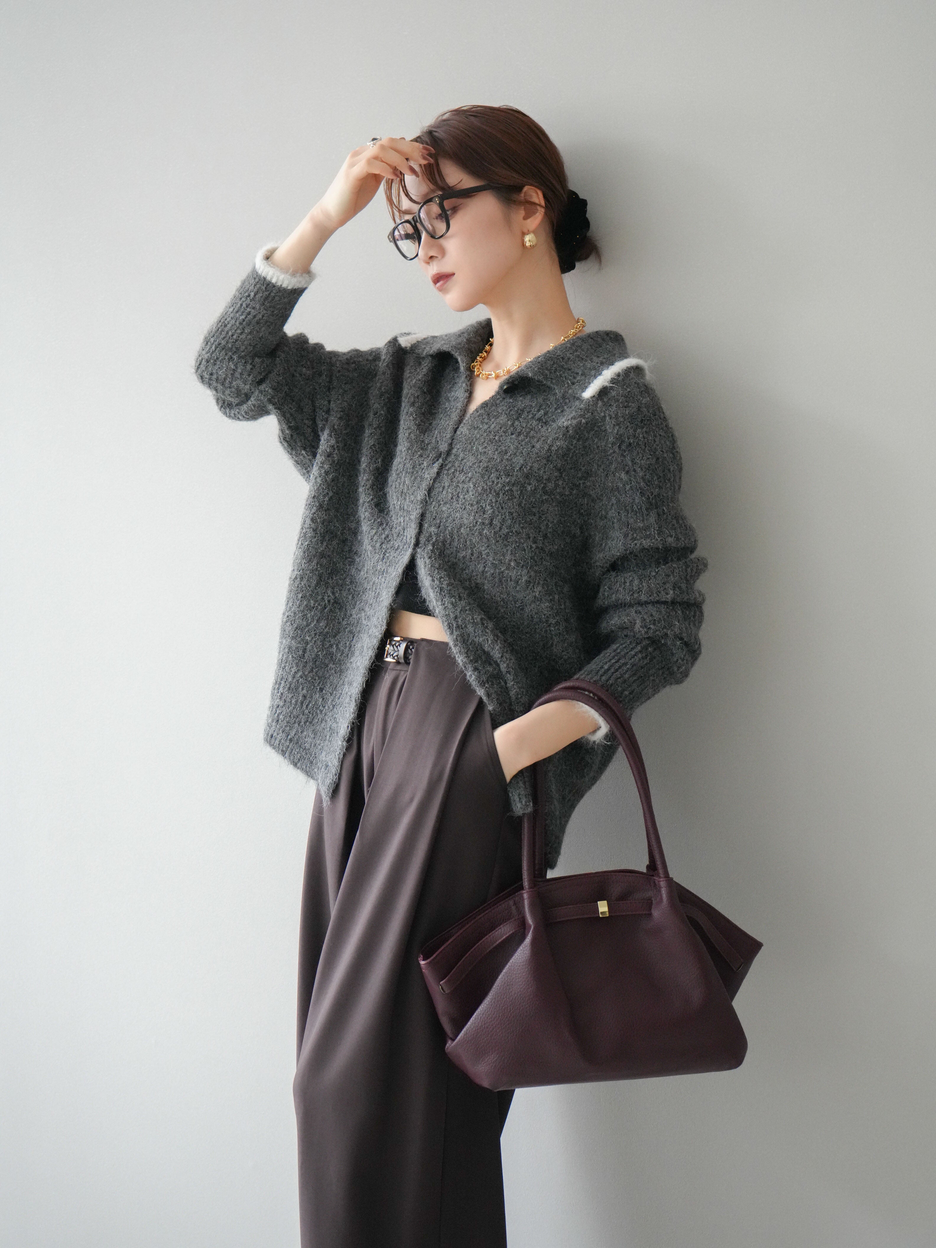 予約]襟付きバイカラーミックスニットカーディガン/gray – Lumier