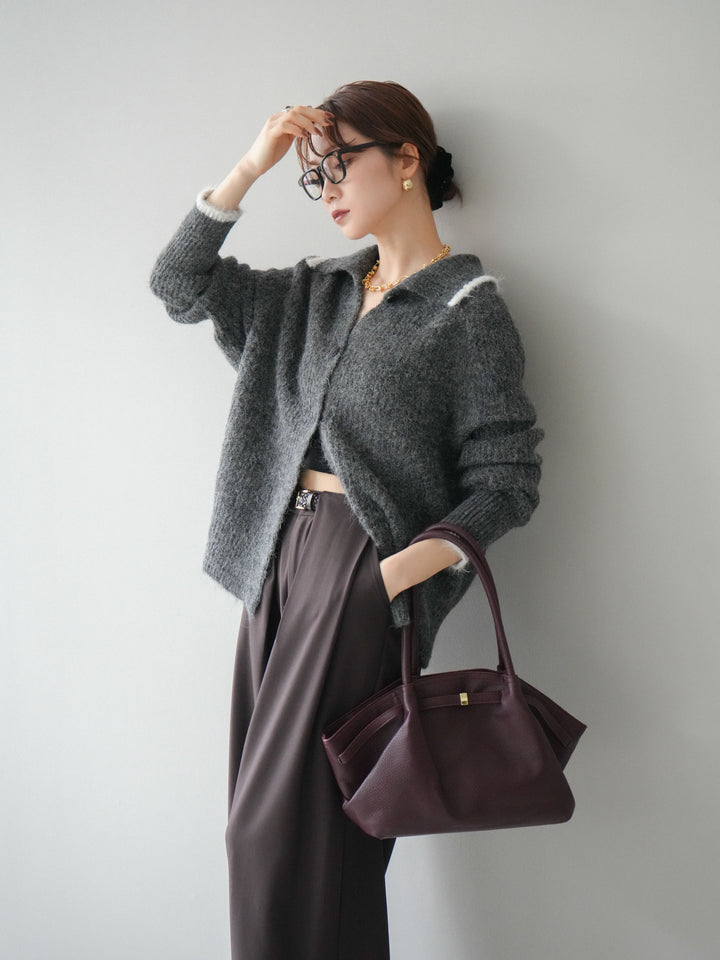 [予約]襟付きバイカラーミックスニットカーディガン/gray