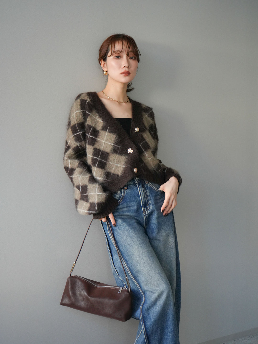 [予約]アーガイルシャギーニットカーディガン/brown