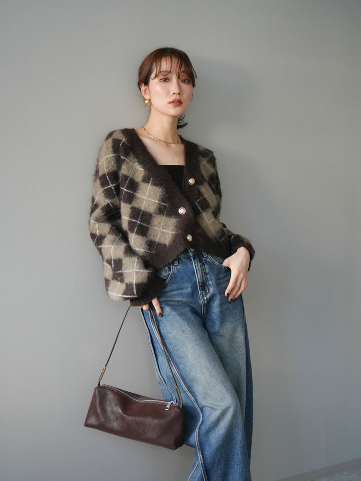 [予約]アーガイルシャギーニットカーディガン/brown