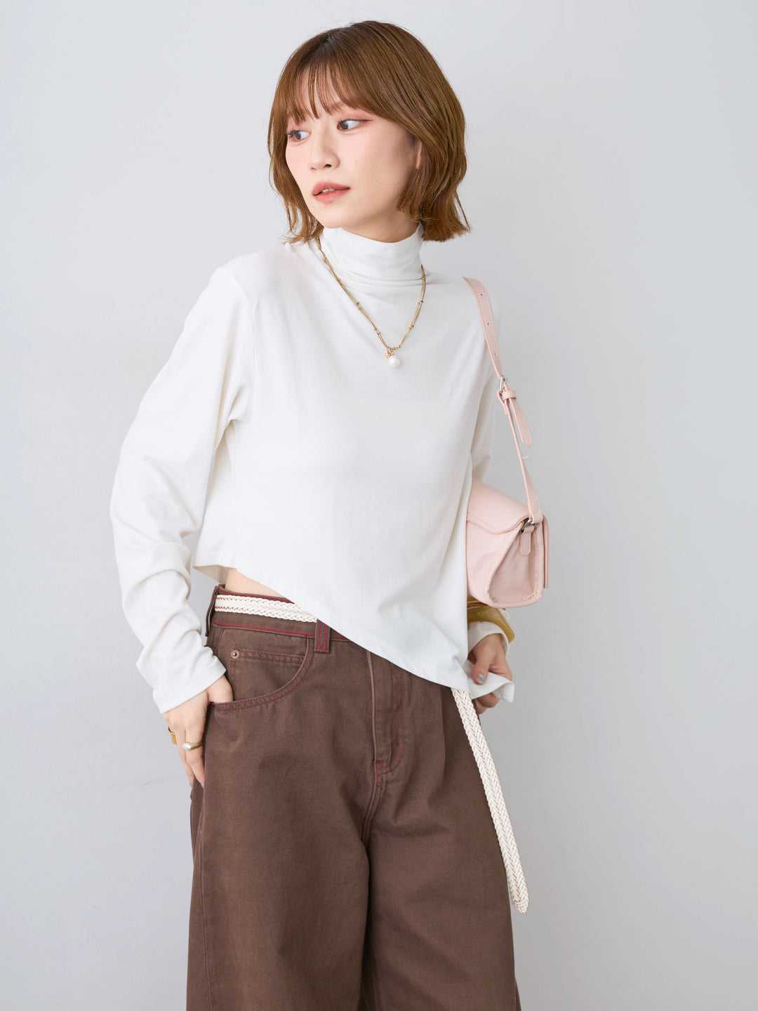 [SET]モックネックアシメヘムトップス+カラーステッチワイドパンツ(2set)