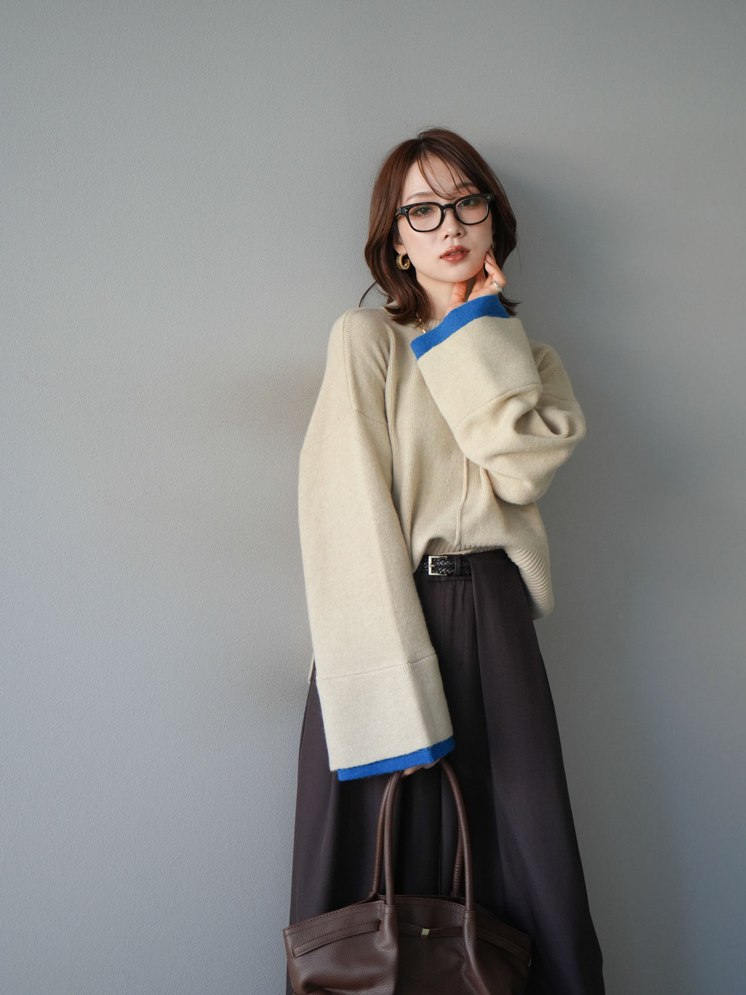 [予約]袖レイヤード配色ニットプルオーバー/ivory