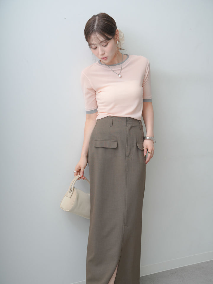 [SET]トリムレイヤードシアー半袖トップス+クレープデシンフラップ付きストレートスカート(2set)