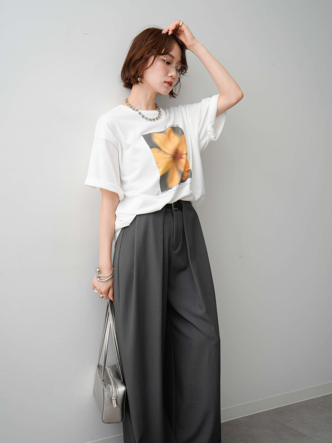 [SET]フラワーフォトTEE+ベルトループデザインワイドパンツ(2set)