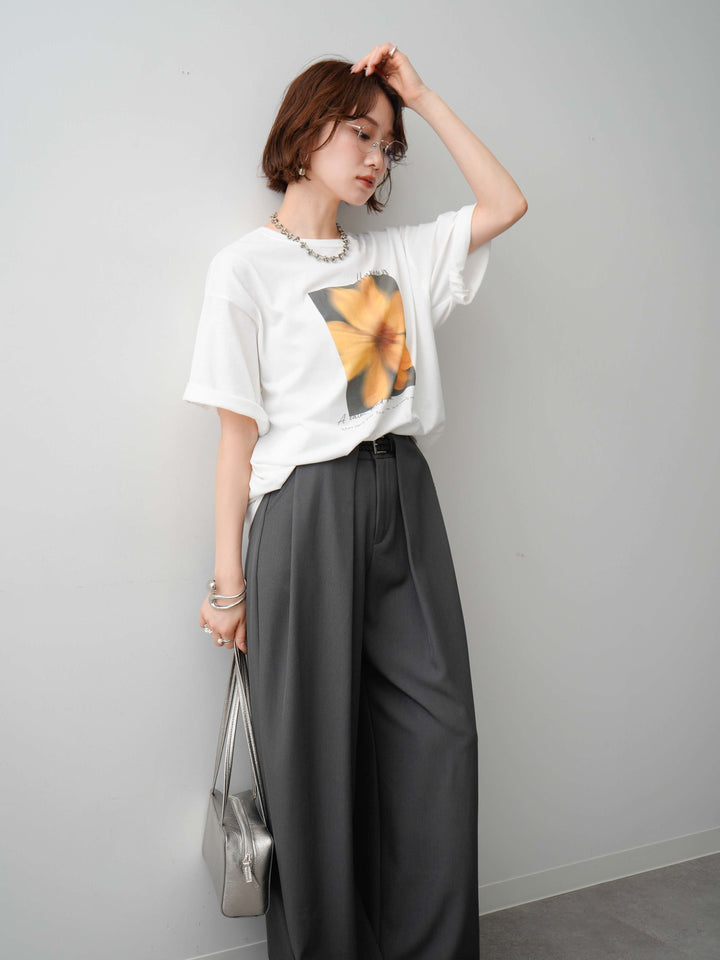 [SET]フラワーフォトTEE+ベルトループデザインワイドパンツ(2set)