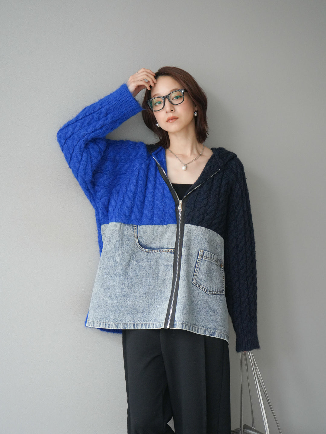 [予約]デニム×バイカラーニットZIPフーディ/blue