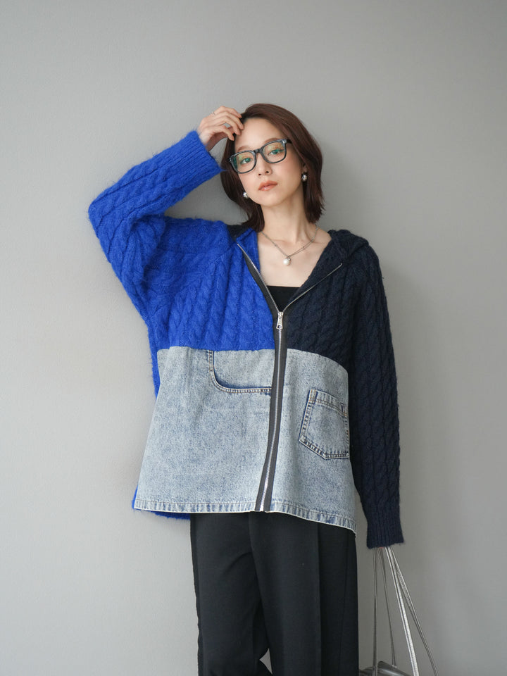 [予約]デニム×バイカラーニットZIPフーディ/blue