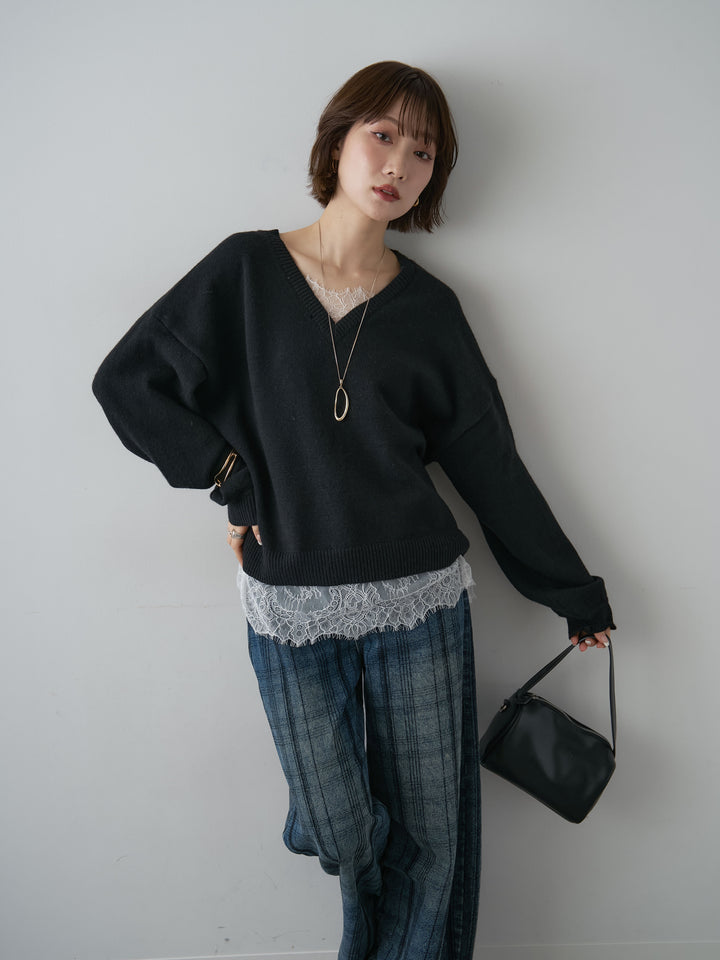 [SET]アルパカタッチレースドッキングVネックニットトップス+アルパカタッチレースドッキングVネックニットトップス(2set)