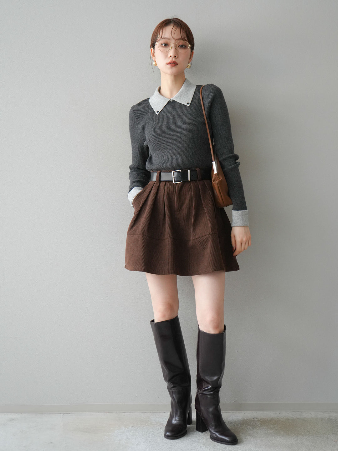 [予約]ベルト付インパンコーデュロイタックフレアスカート/brown