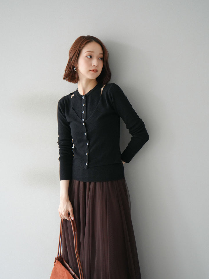 [予約]レイヤードデザインニットカーディガン/ブラック