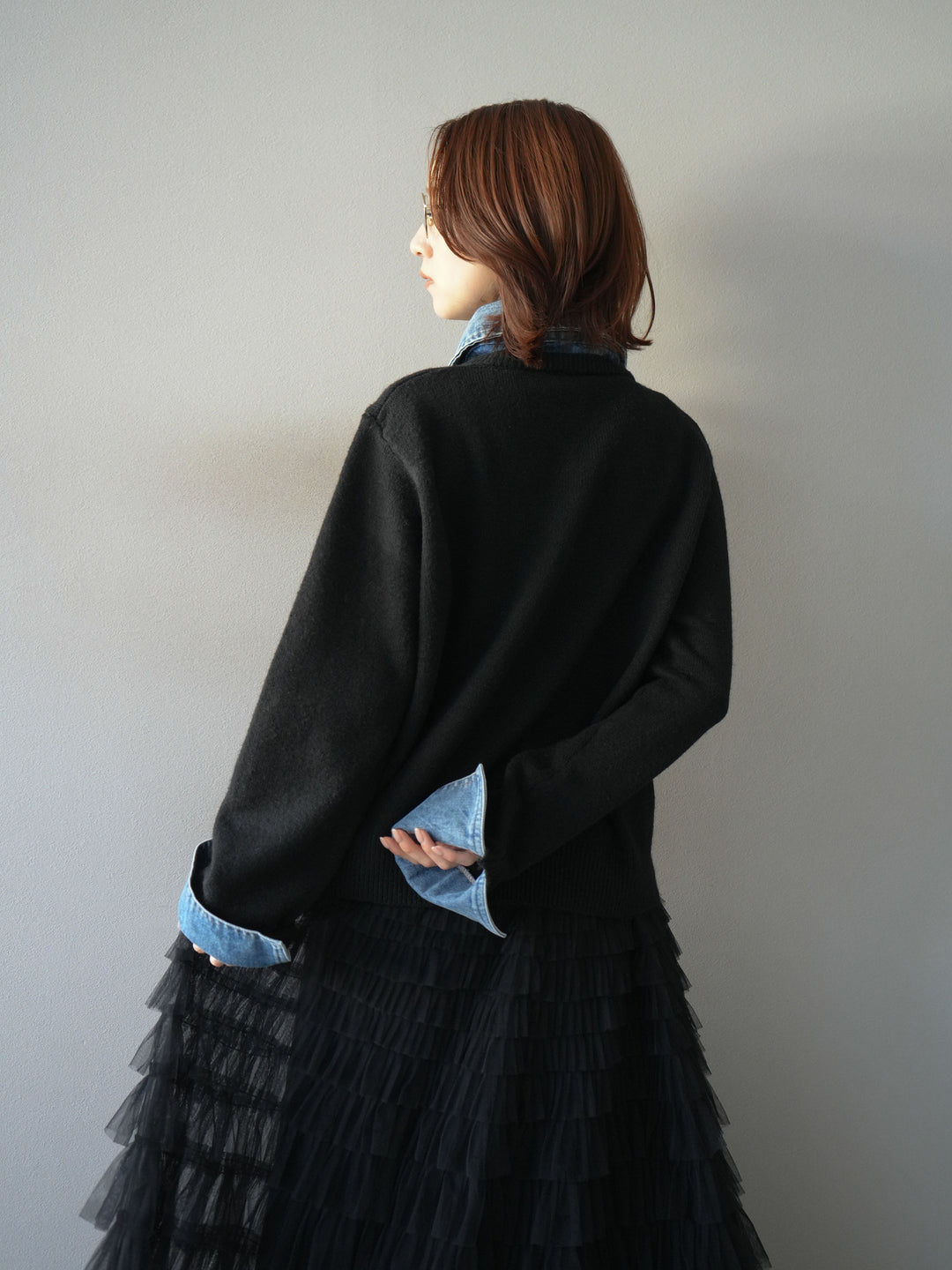 [予約]デニム襟ボタンニットカーディガン/black