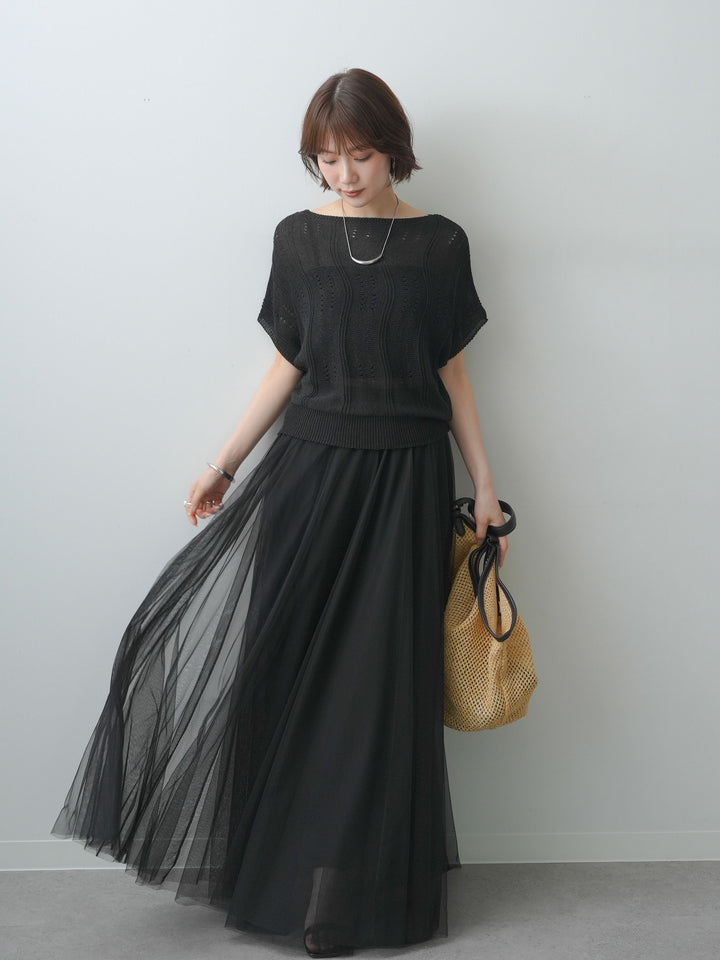 [SET]アイレットサマーニットトップス+チュールボリュームスカート(2set)