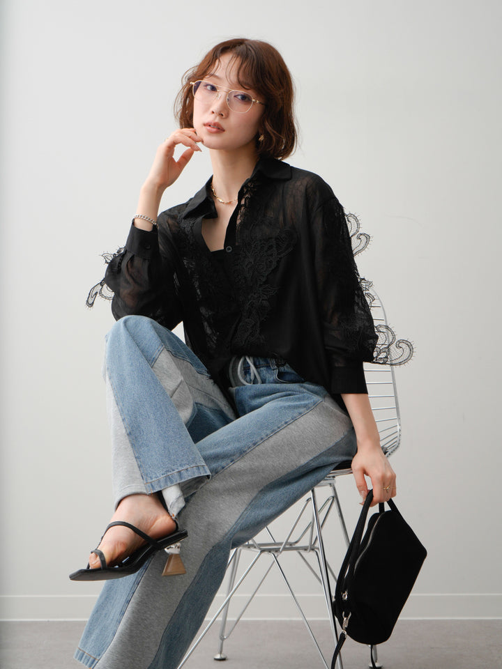 [SET]レースデザインドレープオーバーシャツ+デニム切替スウェットパンツ(2set)