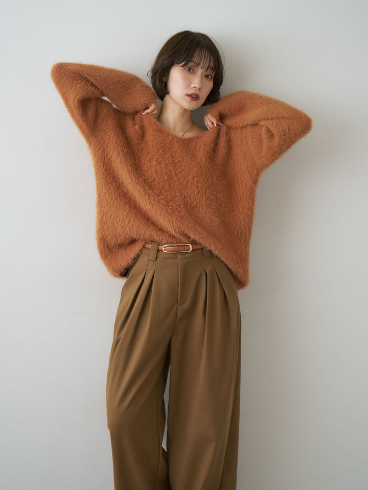 [SET]シャギーVネックニットトップス+ダブルタックドレープストレートワイドパンツ(2set)