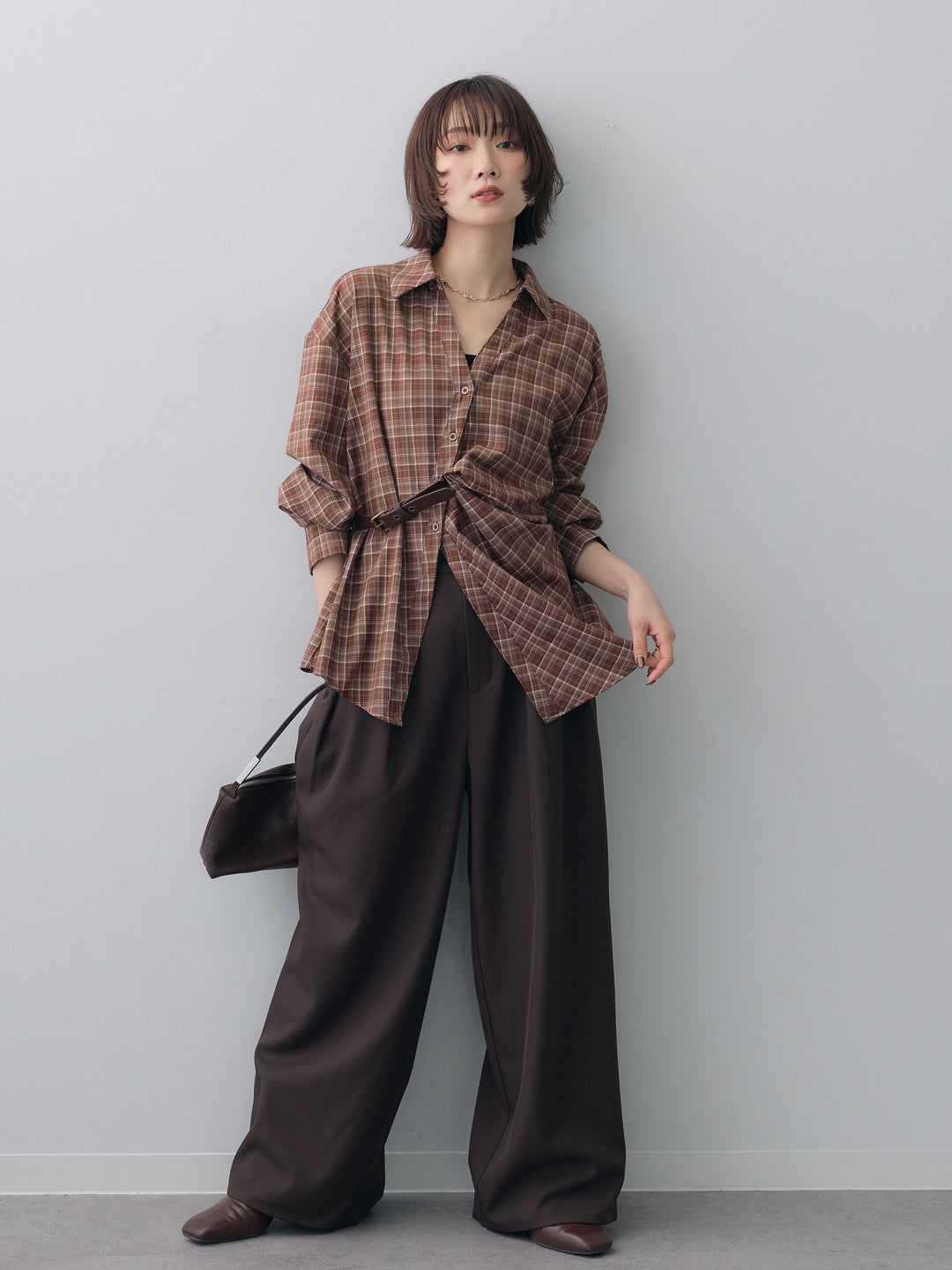 [SET]ベルテッドドレープシャツ+ツイルタックワイドパンツ(2set)