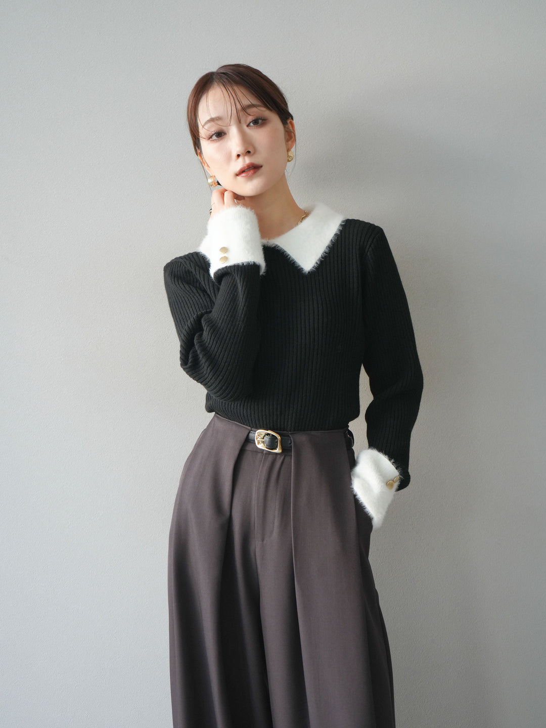 [SET]シャギー襟リブニットトップス+ベルトループデザインワイドパンツ(2set)