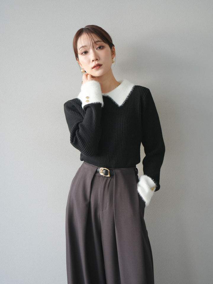 [SET]シャギー襟リブニットトップス+ベルトループデザインワイドパンツ(2set)
