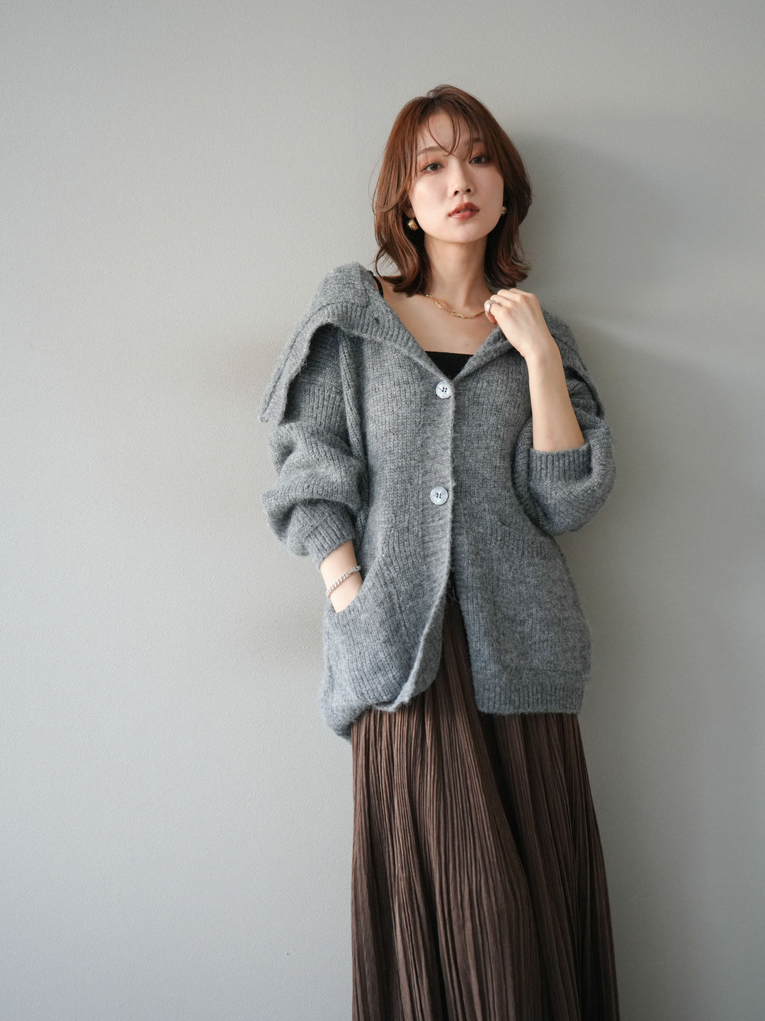 [予約]襟付きボタンオーバーニットカーディガン/gray