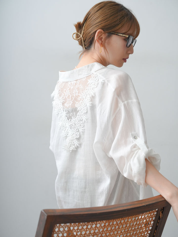 [SET]バックレースノーカラーシャツ+カップ付テレコリブベアキャミソール+クレープデシンフラップ付きストレートスカート(3set)
