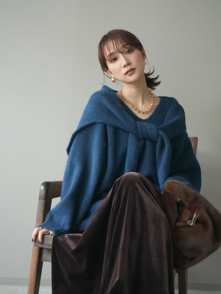 [予約]ストール付きVネックニットプルオーバー/blue