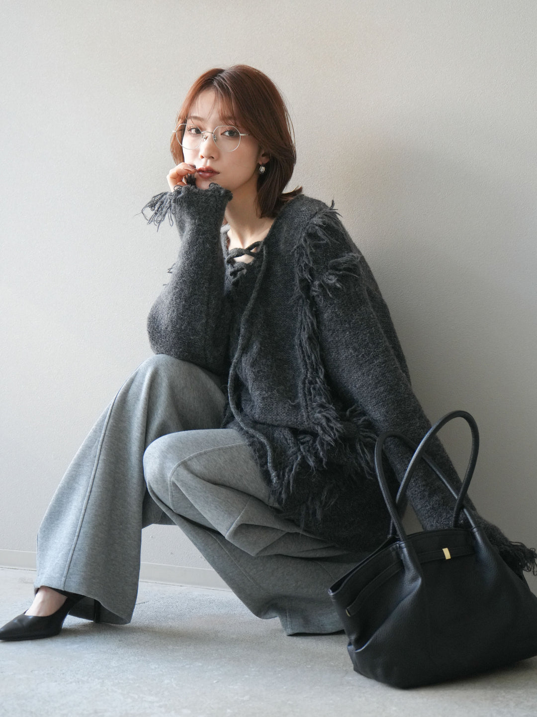 [予約]レースアップフリンジニットプルオーバー/gray