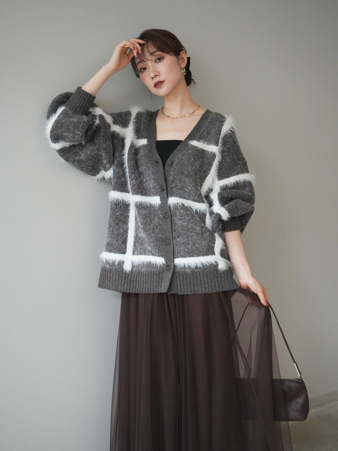 [予約]ミックスシャギーチェックカーディガン/brown