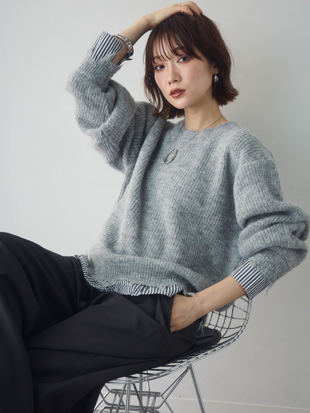 [SET]シャツレイヤードデザインモヘアプルオーバー+選べるアクセセット(2set)