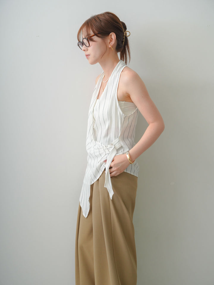 [SET]ストライプカシュクールジレ+クレープデシンタックワイドパンツ(2set)