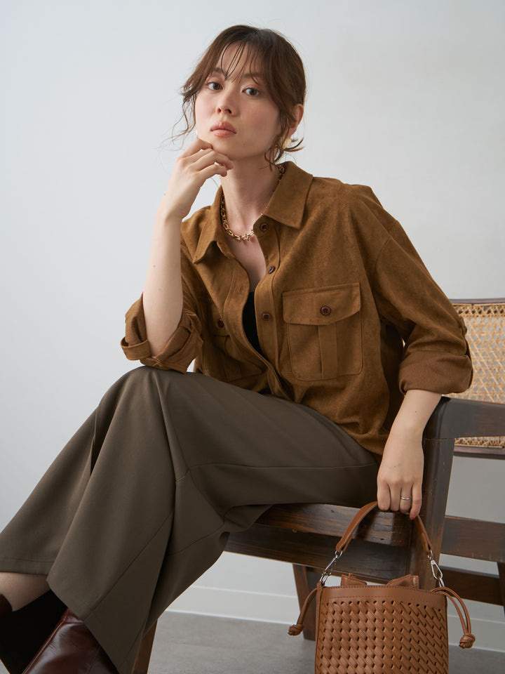 [SET]スウェードタッチWポケットシャツ+クレープデシンフラップ付きストレートスカート(2set)