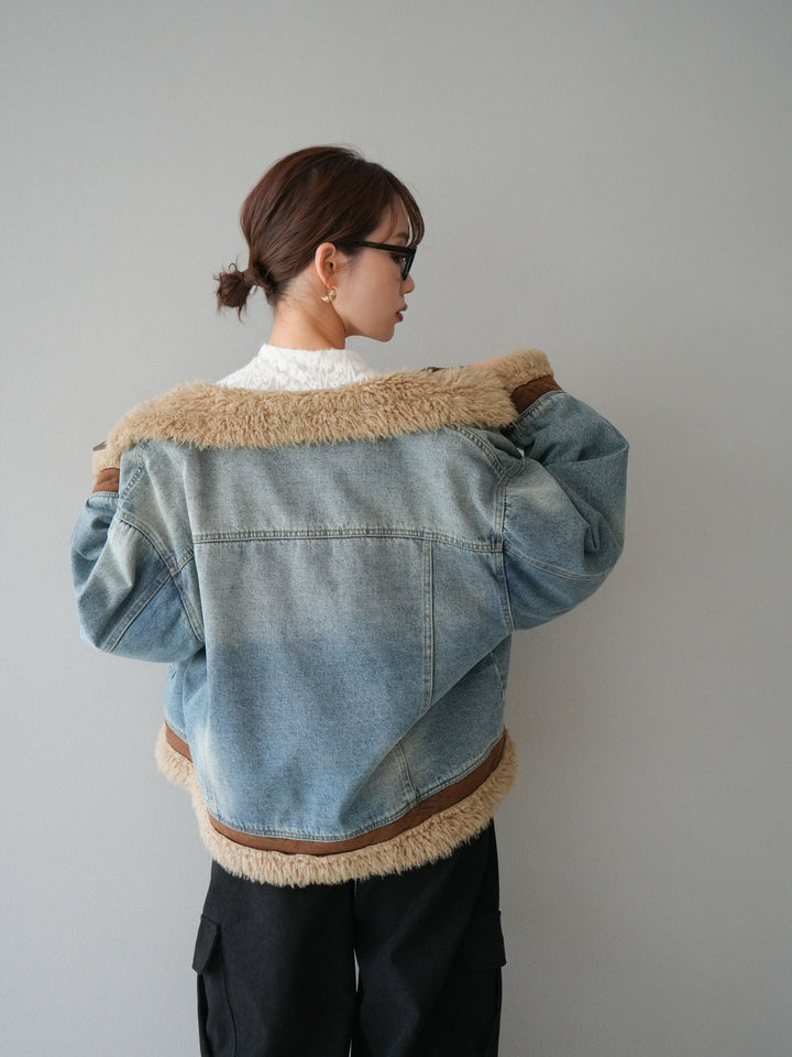[予約]スタンドカラーファー×デニムジャケット/lightblue